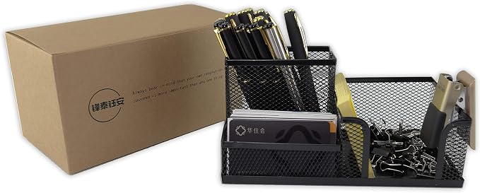 Fengtaiyuan T04, Black Metal Wire Mesh Pencil Holder, Desk Organizer (Black-T04)