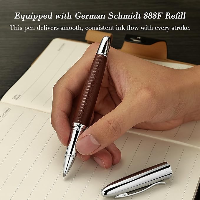 BEILUNER 318 Luxury Leather Pen, Hand-Stitched Premium Leather, Chrome-Plated Finish, Smooth Black Ink Refill, Fancy Rollerball Pen Gift Set for Men & Women, Executive Writing, Nice Designer pen