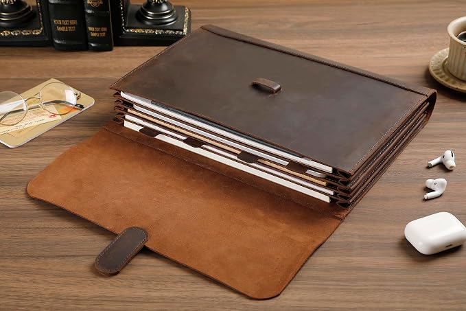 Genuine Leather File Folder, Accordian File Organizer, Leather Document Holder Resume Folio for Men & Women-Dark Brown-Custom