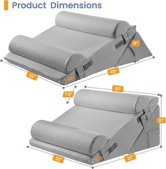 Sasttie Adjustable Wedge Pillow Set for After Surgery, Dark Grey | 2PCS Bed Wedge Pillow Headboard with Memory Foam Neck Cushion, for Acid Reflux, Sleeping, Neck & Back Support