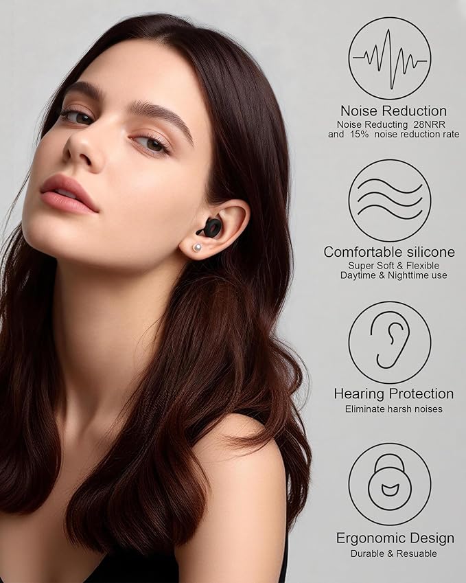 Ear Plugs for Sleeping, 28dB(SNR) Reusable Silicone Earplugs with 4 Sizes (S/M/L/XL) Eartips, Noise Reduction Ear Protection EarPlugs for Sleep, Airplane, Focus, Travel & Concerts, Black