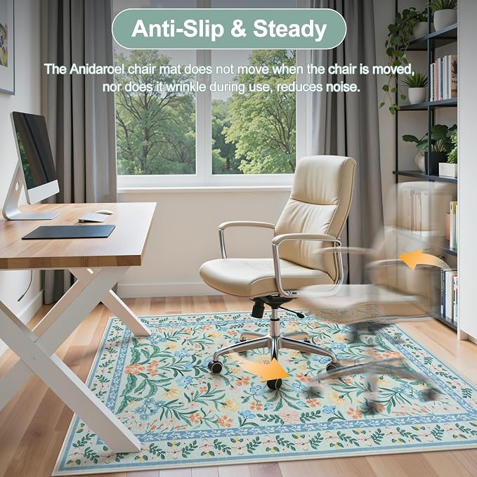 Anidaroel 48"x60" Office Chair Mat for Hardwood Floor/Tile, Anti-Slip Floral Floor Mat for Office Chair, Tea Green Desk Chair Mats for Hardwood, Low Pile Floor Protector for Rolling Chairs