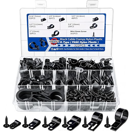 JORREP 322PCS R-Type Cable Clips, 3/16 to 1 in, 6 Sizes for Wire Management | PA66 Nylon, 3/16" 1/4" 3/8" 1/2" 3/4" 1", With screws, For office, garage, yard and auto wire setup, Easy to install