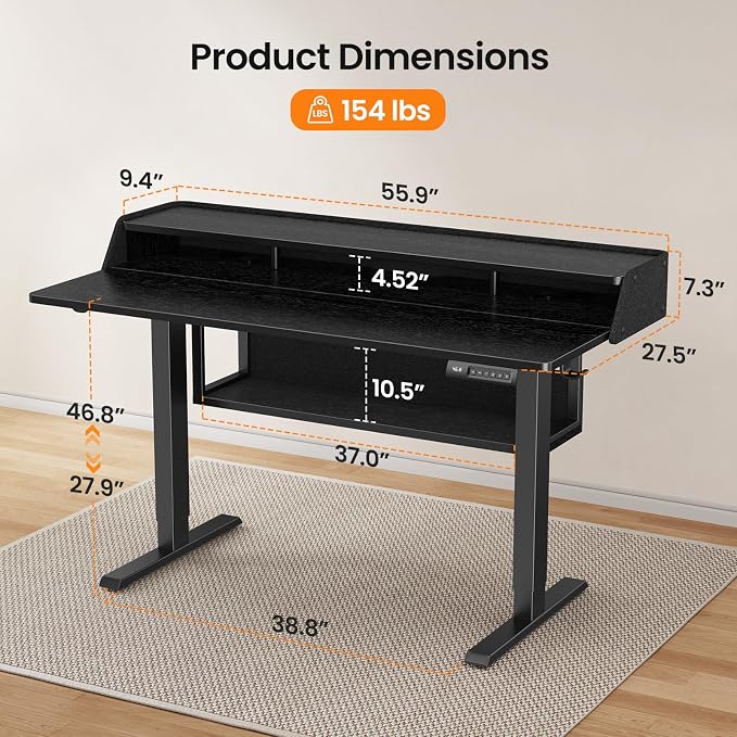 ErGear Electric Standing Desk, 55x28 Inch Adjustable Sit Stand Desk with Bookshelf & Monitor Stand, Standing Gaming Desk with LED Light Strip, Stand Up Desk for Home Office, Black | Raised Monitor Stand, 27.9–46.9 Inch Height Range, 4 Memory Presets, 1...