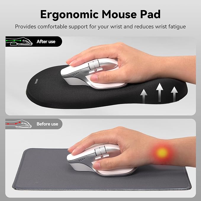 TECKNET Ergonomic Mouse Pad with Wrist Rest, Memory Foam Mousepad with Wrist Support, Smooth Surface, Middle Concave & Non-Slip Base for Laptop/PC, Pain Relief for Home Office Gaming, Black