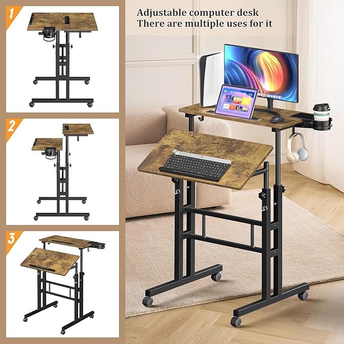 Simple Deluxe Split Top Rotating Standing Desk on Wheels – 23.6" Manual Adjustable Height Mobile Laptop Computer Table – Sit Stand Rolling Workstation with Tilt Function – Brown