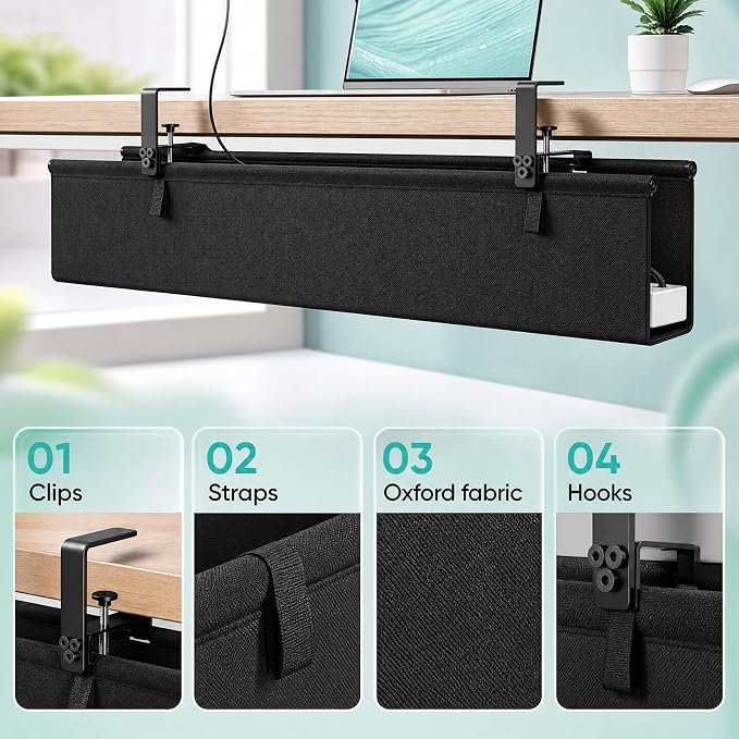 36-Inch Under Desk Cable Management Tray, Clamp or Screw Mount, Black | Fabric Cord Organizer Holds Power Strips, Cables and Adapters, Suitable for Home and Office Desks