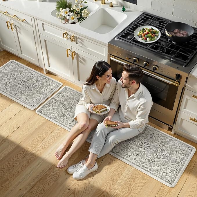 KIMODE Anti Fatigue Kitchen Mats for Floor, Boho Distressed Kitchen Rugs | 2 Piece Memory Foam Cushioned Kitchen Floor Mats, Summer Standing Desk Mats for Laundry Office Sink Grey 20"x59"+20"x32"