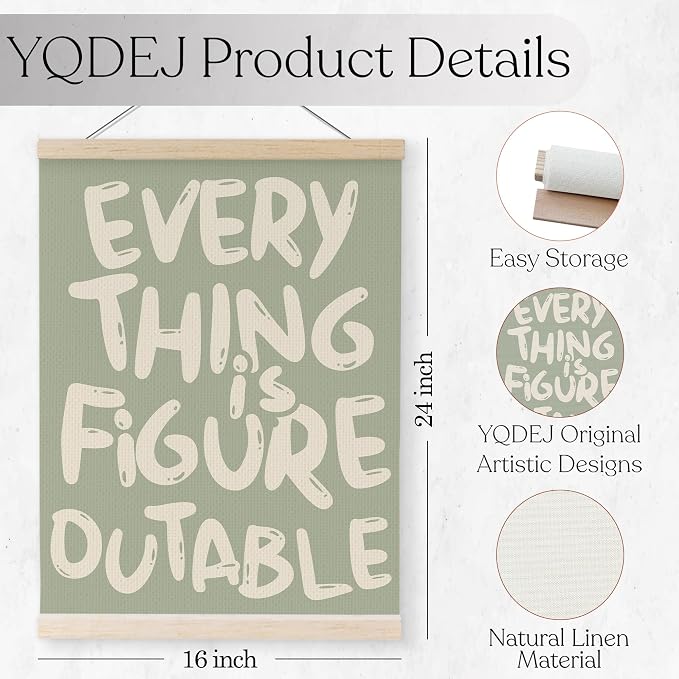 YQDEJ Sage Green Everything Is Figureoutable Inspirational Wall Art Poster Hanger Frame, Positive Affirmations Wall Decor, Motivational Wall Art for Home Office Classroom, 16x24 Inch