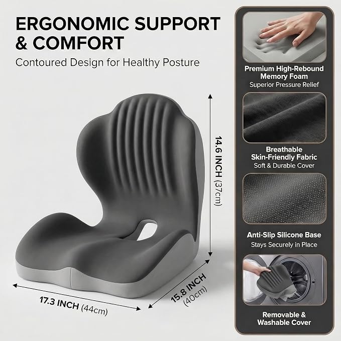 Ergonomic Seat Memory Foam Support Cushion for Back, Car Seat Back Support Cushion for Sciatica Tailbone Pain, Office Desk Chair Car Travel Seat Cushion (Grey)