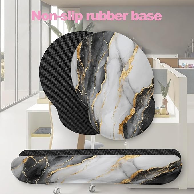 Black Gray Gold Marble Keyboard Wrist Rest Pad and Mouse Pad Wrist Support Set,3-in-1 Ergonomic Mouse Pad with Non-Slip Rubber Base for Home Office Game Computers Desk,