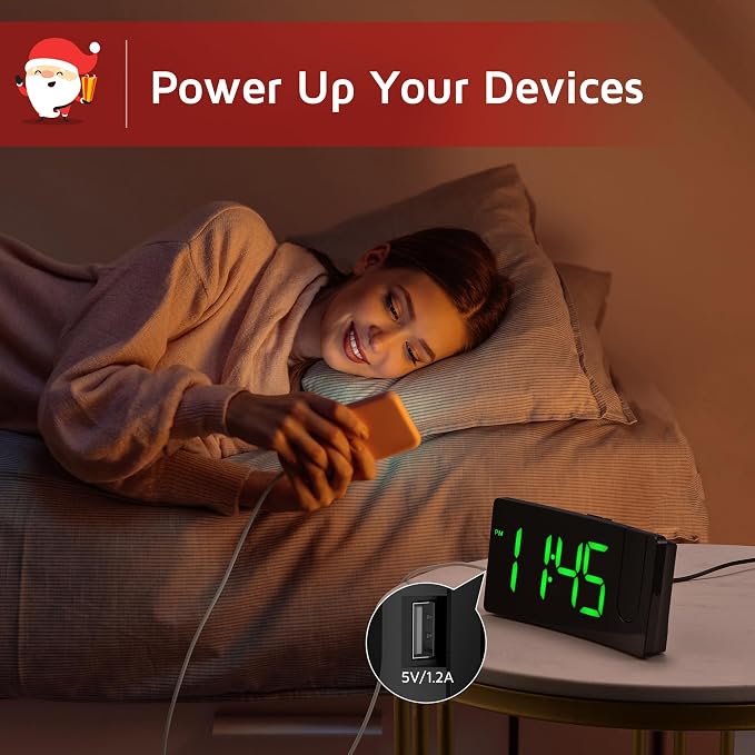 Projection Alarm Clock, Digital Clock with Modern Curved Design | 180° Rotatable Projector, 3-Level Brightness, Blue LED Display, Progressive Volume, 9mins Snooze, 12/24H, for Bedroom
