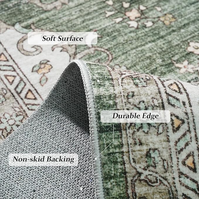 3x8 Washable Hallway Runner Rug:Oriental Indoor Kitchen Rugs Vintage Door Mat Non Slip with Rubber Backing Low Pile Thin Carpet for Bedroom Bathroom Living Room Bedside (3x8 Green/Beige)