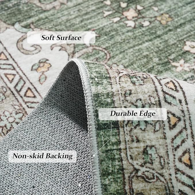 3x12 Washable Hallway Runner Rug:Oriental Indoor Kitchen Rugs Vintage Door Mat Non Slip with Rubber Backing Low Pile Thin Carpet for Bedroom Bathroom Living Room Bedside (3x12 Green/Beige)