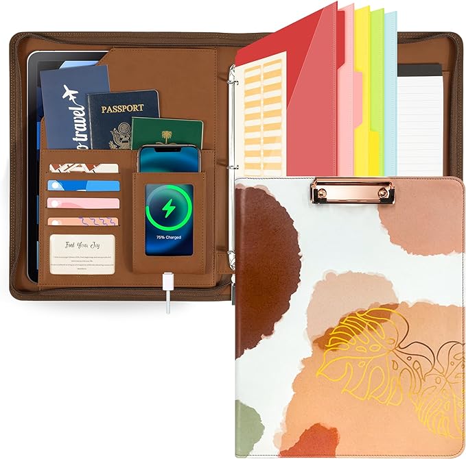 Ospelelf Leather Clipboard with Storage, Zippered Padfolio Portfolio Organizer, 3 Ring Binder 1 Inch, Notepad, Tablet Sleeve, 5 Dividers with Pocket for Office, Students, Teachers Abstract Brown