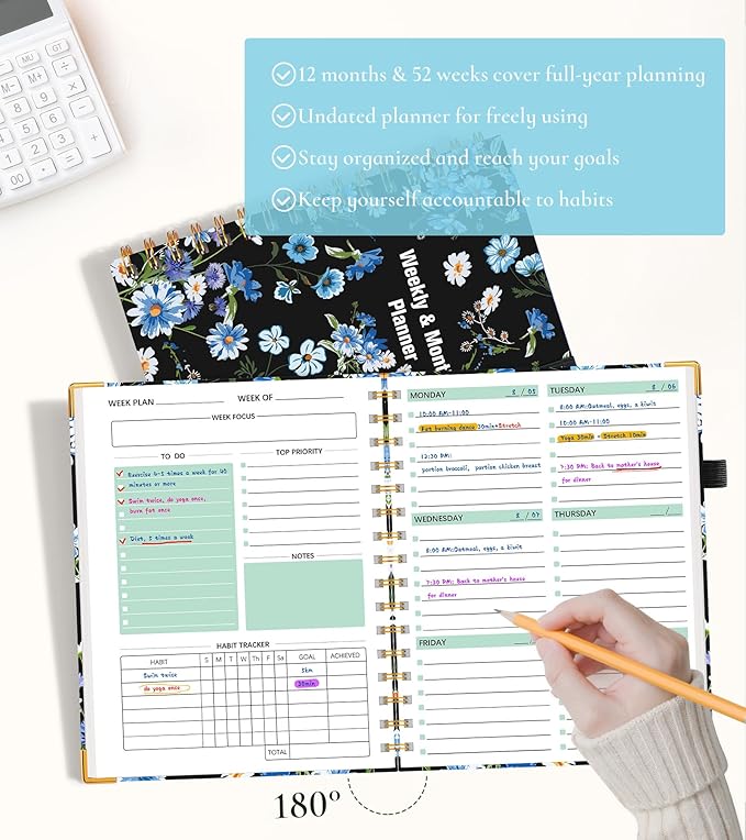 Undated Weekly Planner, Hardcover Weekly & Monthly Calendar Blank Planner, To Do List Notebook with Goal & Habit Tracker Organizer, A5 Daily Planner with Spiral Binding, Ideal for Work School Home, Blue Flower