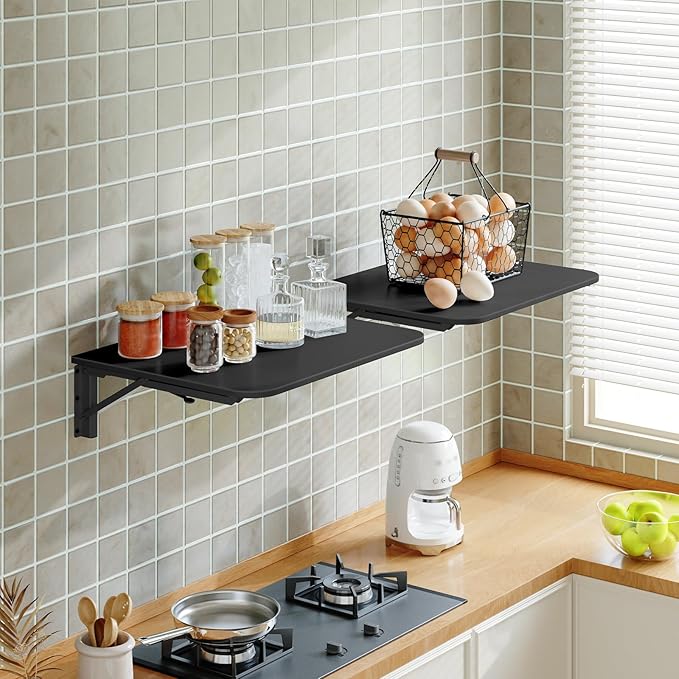 HOOBRO Folding Table, Wall Mounted Floating Desk with Iron Bracket, Drop Leaf Table for Small Spaces, Kitchen, Laundry Room, Home, Office, Black BK054BZ01