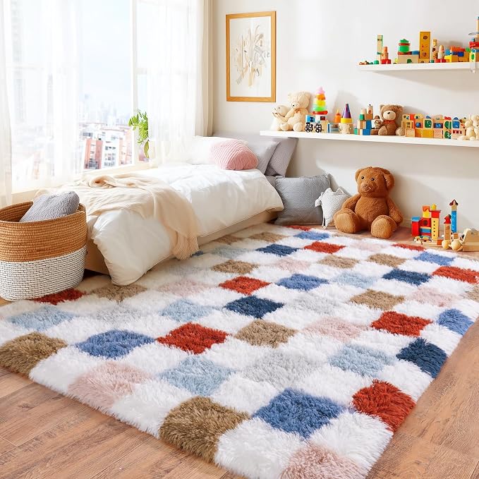 Checkered Rug for Bedroom 5x7, Ultra Fluffy Fuzzy Shag Area Rugs for Living Room, Anti-Skid Indoor High Pile Soft Rug Carpet for Living Room Kids Room Nursery, Dorm Home Decor, Red and Blue Colorful