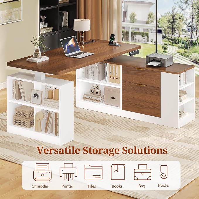 UPOSOJA L Shaped Standing Desk Adjustable Height, 53" Electric Office Desk with File Drawers & Storage Shelves, Sit Stand Corner Computer Desk with Power Outlets, Pegboard, 6 Hooks, White& Walnut