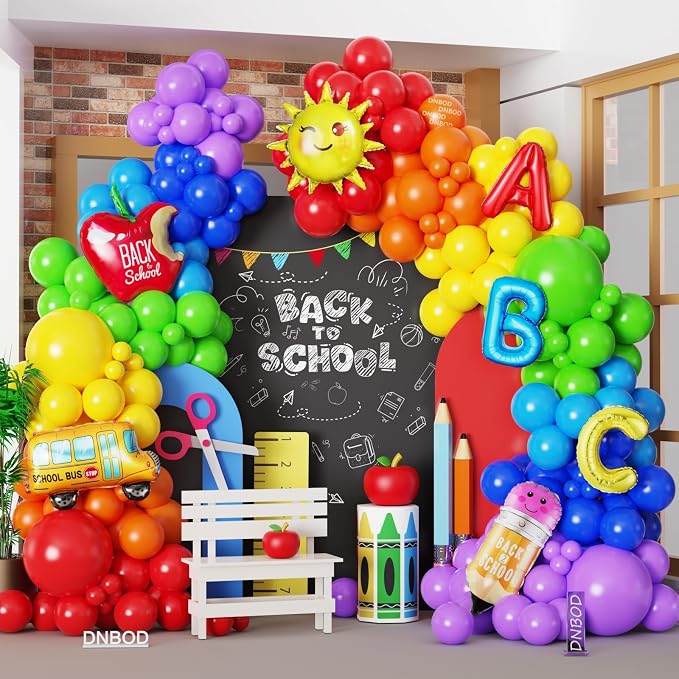 Welcome Back To School Balloon Arch Kit,158Pcs Rainbow Balloon Garland with Sun,Apple,School Bus,Pencil,ABC Foil Balloons for Kindergarten Graduation First Day of School Classroom Party Decorations