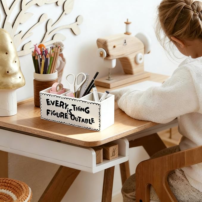 Black and White Inspirational Wooden Pen Holder for Desk, Positive Affirmations Desk Decor, Retro Trendy Motivational Pencil Organizer Wooden Box Sign for Home Office Decoration