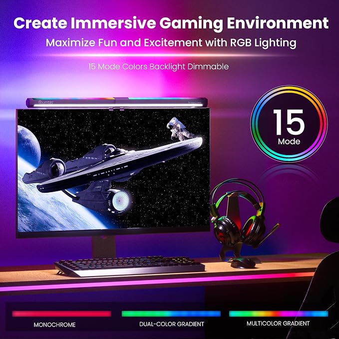 Quntis Monitor Light RGB PRO Backlight, Eye-Care Dual Light Computer Light Bar Gaming Office Desk Lamp, 15 Modes Dimmable Backlight, 3 Color Temperature Adjustable Brightness, Ra95 Screen Light Bar
