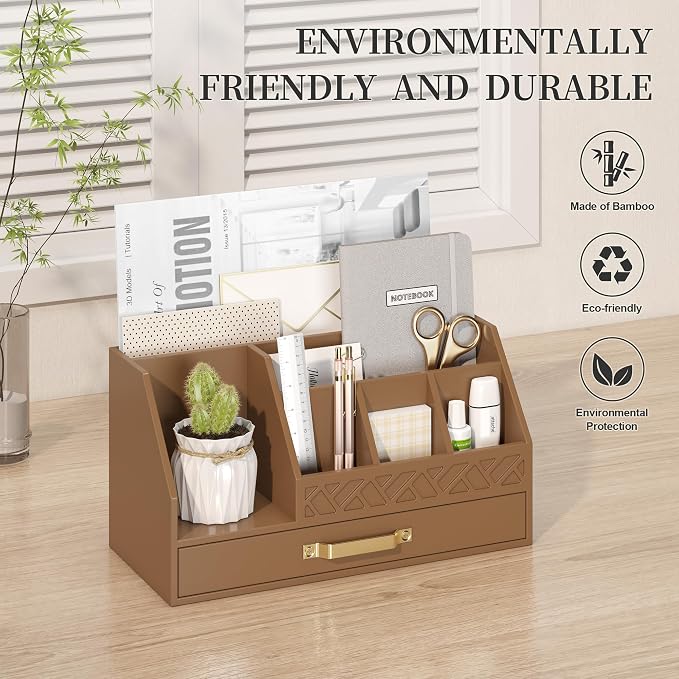 Wisuce Bamboo Mail Organizer Countertop with Drawers, Wooden Desk Organizer File Bill Sorter Storage Box for Desktop Letter Envelope Countertop Holder for Office Home School Organization