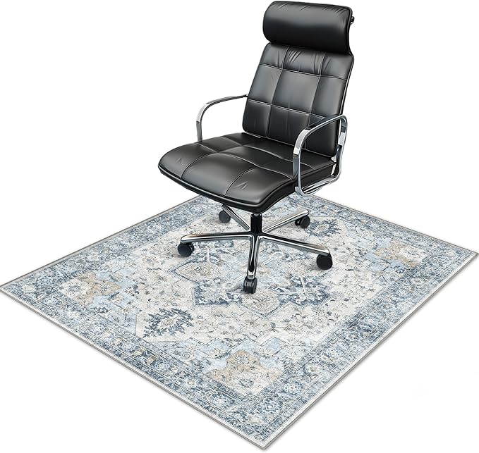 48"x60" Office Chair Mat for Hardwood Tile Floor, Under Desk Carpet Protector for Rolling Computer Chair Mat, Machine Washable Area Rug, Anti-Slip 1/5" Thick Low Pile Thin Vinyl Floor Mat, Blue