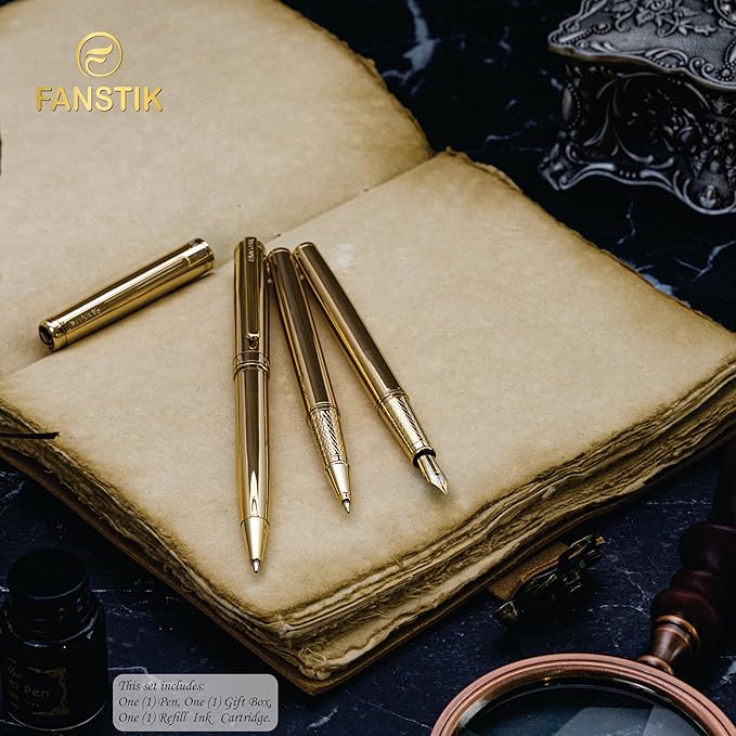 Customized Gold Luxury fountain pen, fancy gift set for women, Real 24K Gold Plating, Professional executive pen gift set for men (Lux Custom-fountain Gld)