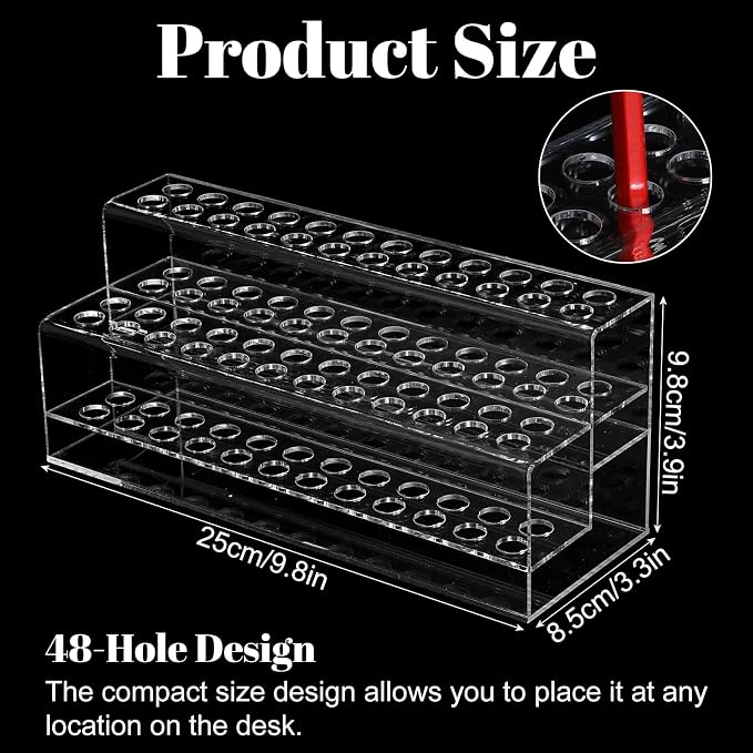 Acrylic Pen Holder, 48-Slots Pen Display Stand 2 Tier Pencil Display Desk Stand Clear Eyebrow Pen Stand Makeup Brush Rack Organizer for Home Office Desk School Supplies