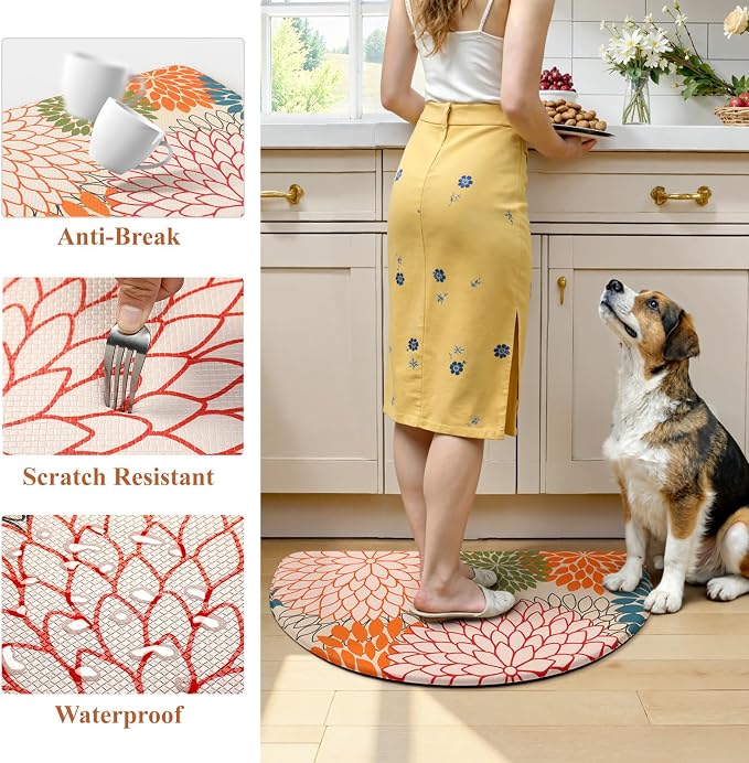 KIMODE Half Circle Kitchen Mats for Floor Cushioned Anti Fatigue 2PCS Semi | 28"x18"+28"x18",Half Round,Orange,Boho Kitchen Rug Sets of 2,Non Slip,Waterproof,Padded Kitchen Carpet Decor for Sink Laundry