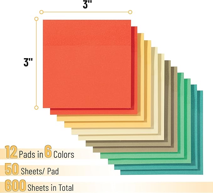 Mr. Pen- Sticky Notes, 3”x3”, 12 Pads, 600 Sheets, Retro Colors Sticky Notes 3x3, Stocky Notes for Bible Journaling