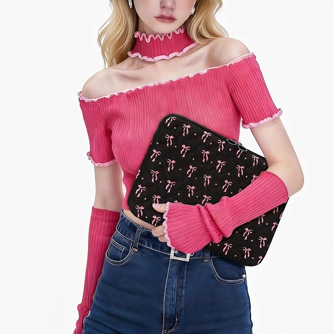 Cute Bow Puffy Laptop Sleeve 13-15 Inch Cute Quilted Laptop Protective Case Padded Bow Computer Sleeve for MacBook