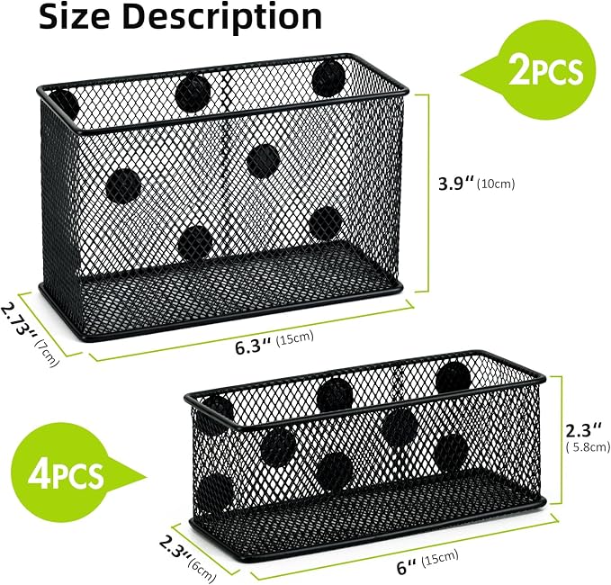 Neudeco Magnetic Locker Organizer, Wire Mesh Storage Basket, Black, 6-Pack | Strong Magnet, Pen Holder for Dry Erase Markers, For Fridge School