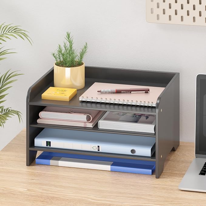 Bamboo File Organizer for Desk, Desktop Paper Tray and Mail Holder | Three open tiers keep A4/letter paper, folders, bills and mail sorted, visible and easy to reach while saving desk space