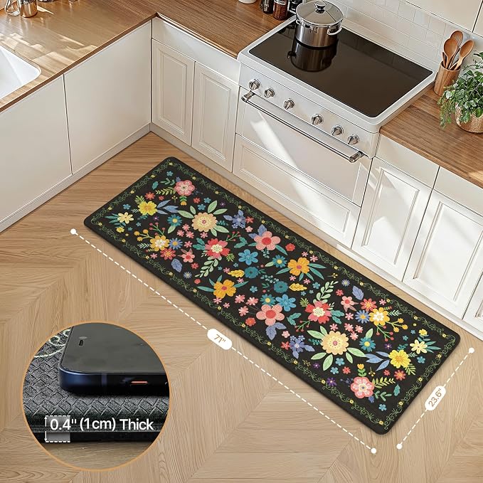 GENIMO Anti Fatigue Kitchen Runner Mats for Floor, Cushioned Standing Mats | 23"x71" , Black vintage floral rug set, waterproof, non slip, easy-clean for farmhouse