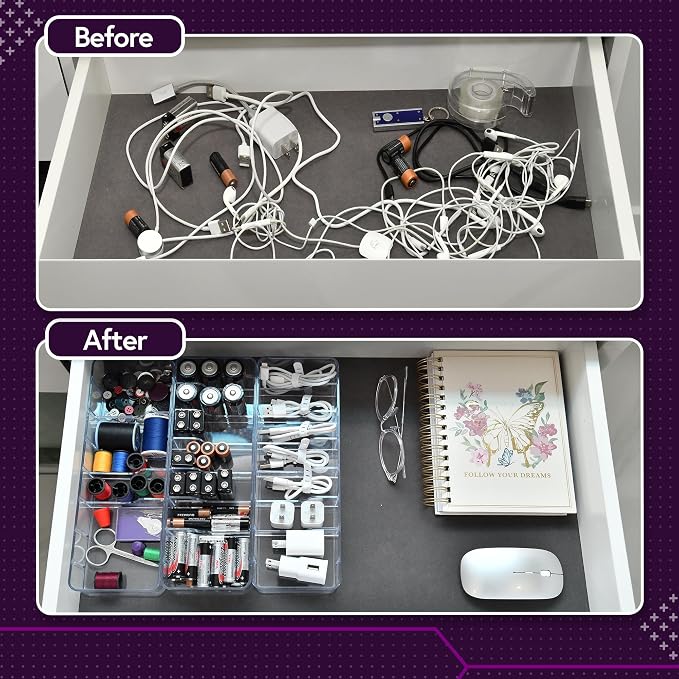 Set of 3 Cable Organizer Box W/Labels - Charger Box, Stackable W/Lids-Cord Organizer Junk Drawer- Cord Storage Box for Desk -Cable Organizer case, Multiuse Organizer