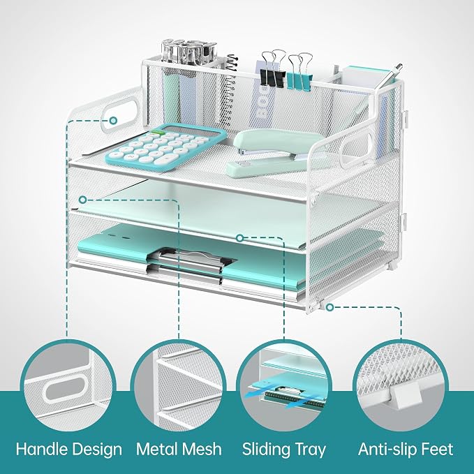 3-Tier Desk Organizer with Pen Holder and Handles, Paper Organizer, White | Desk Organizer and Paper Organizer for Desk with Pen Holder, Paper Trays and Handles for Files, Mail and Office Supplies