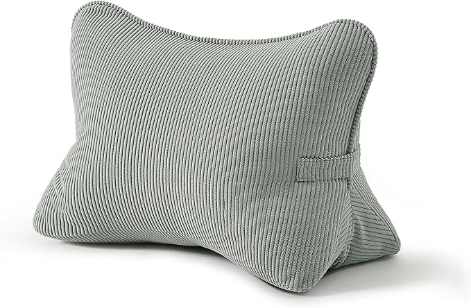 Pat. Pend. Corduroy Lumbar Support Back Pillow for Sitting Up & Reading, Ergonomic Triangle Back Support Cushion for Sofa, Armchair & Bed, Removable Washable Cover, Grey Green