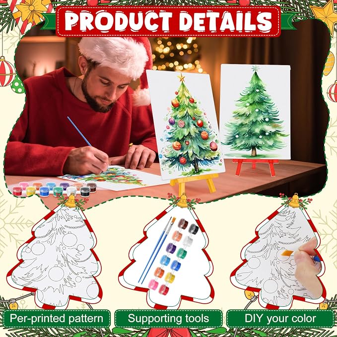 Blosssound 10 Set Pre Printed Canvas Pre Drawn Canvas Painting with Easel Kits 5" x 7" Outline Painting Panels for Beginners, DIY Craft Project, Party Favor, Home Decors (Christmas Tree)