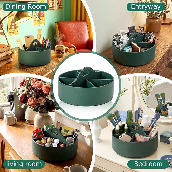 360° Rotating Leather Desk Storage Organizer with 6 Slots and Handle Extra-large Pen Holder Spinning Pencil Storage Lazy Susan Organizer Office Desk Supplies Marker, Art Supply(Green)
