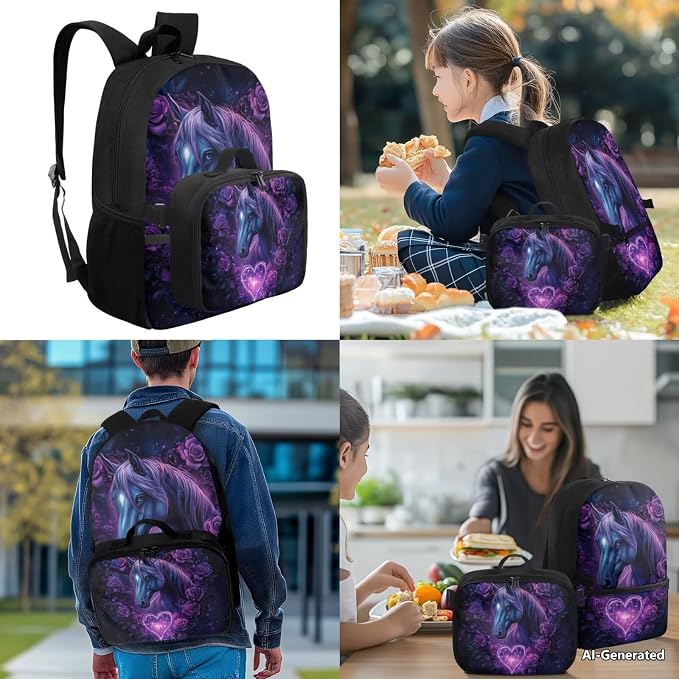 Doojoayie Horse Backpack for Girls with Lunch Box 3D Animals Print Bookbag for Teen Girls Primary School Backpack for Kids Back to School Bags as Gifts for 1st Grade Student