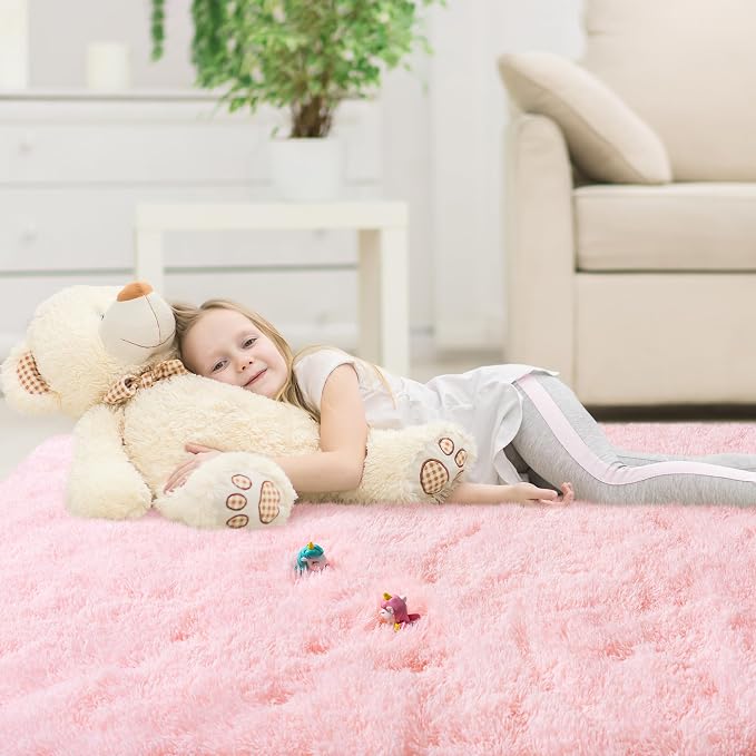 Pink Area Rug for Bedroom, 3x5 Rugs for Living Room Nursery Kids Room Dorm Home Decor Aesthetic, Fluffy Shaggy Rug with 4 Anti-Slip Carpet Tapes