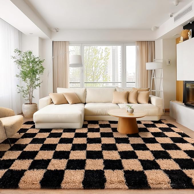 Area Rugs for Living Room Bedroom 9x12, Ultra Fluffy Shag Checkered Rug Modern Washable Carpet Soft Shaggy Non Slip Indoor Plush Fuzzy Rugs for Bedroom Dorm Office Home Aesthetic Decor, Black & Beige