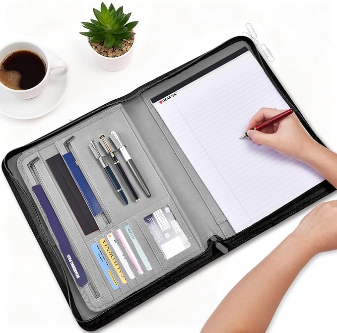 Premium Vegan Leather Portfolio Organizer Business Folder - Zippered Padfolio with Zipper Closure Pad Holder Compatible with Legal Pads 8.5 x 11 Inch for Women & Men (Gray)