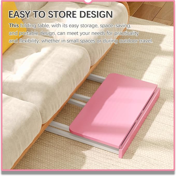 4NM 31.5" Mobile Small Folding Desk, Foldable Rolling Computer Home Office Desk, Study Writing Table for Small Space Saving Bedroom, with Wheels - Pink and White