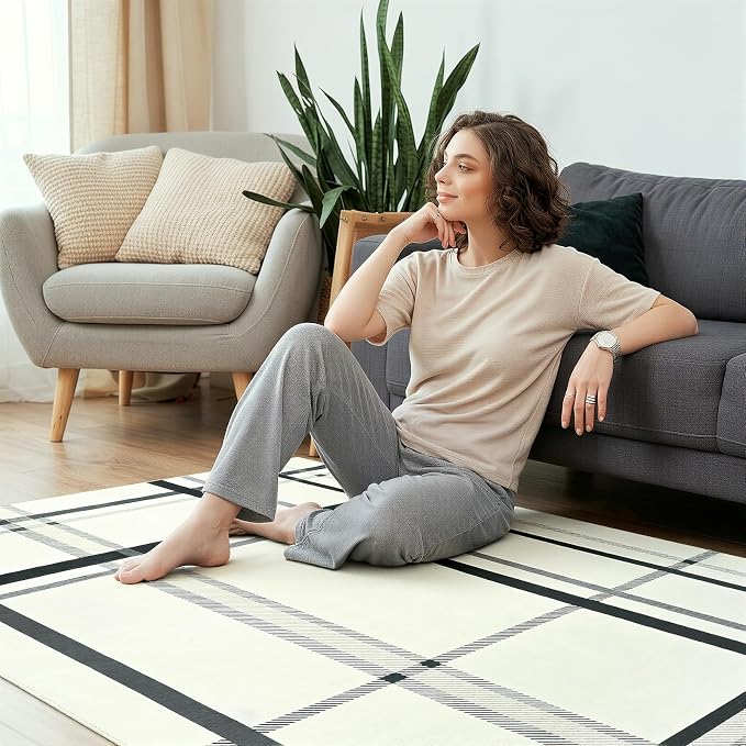 Terrug Plaid Area Rug for Living Room, Beige 5x7 Checkered Rugs Washable with Non Slip for Bedroom, Soft Low Pile Stain Resistance Abstract Carpet for Dinning Room
