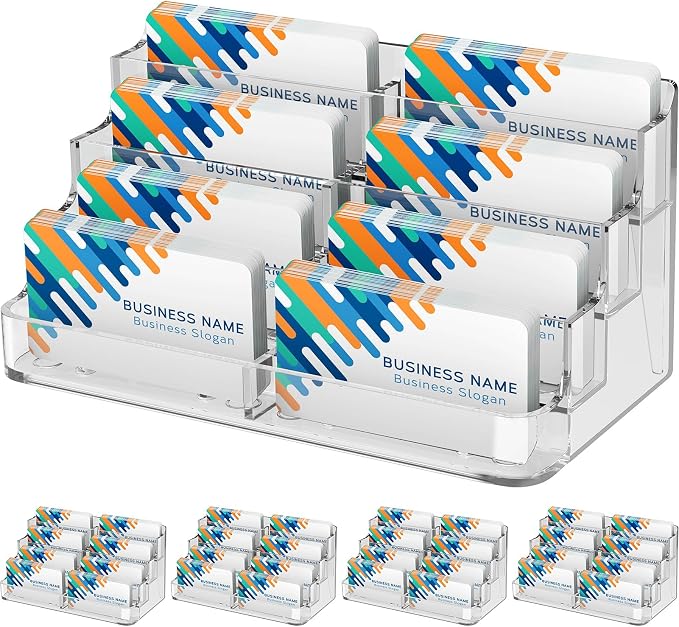 MaxGear 4 Pack Acrylic Business Card Holder, Card Display Stand, 8 Pockets | 4-Tier Freestanding Design, Clear Acrylic Construction, Fits Standard Business Cards for Reception, Office and Countertops