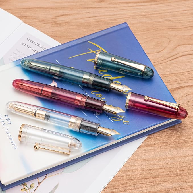 Jinhao 9019 DaDao Series Fountain Pen, Size 8 Fine Nib with Large Ink Converter, Transparent Wine Red Acrylic Design Smooth Writing Pen (Gold Trim)