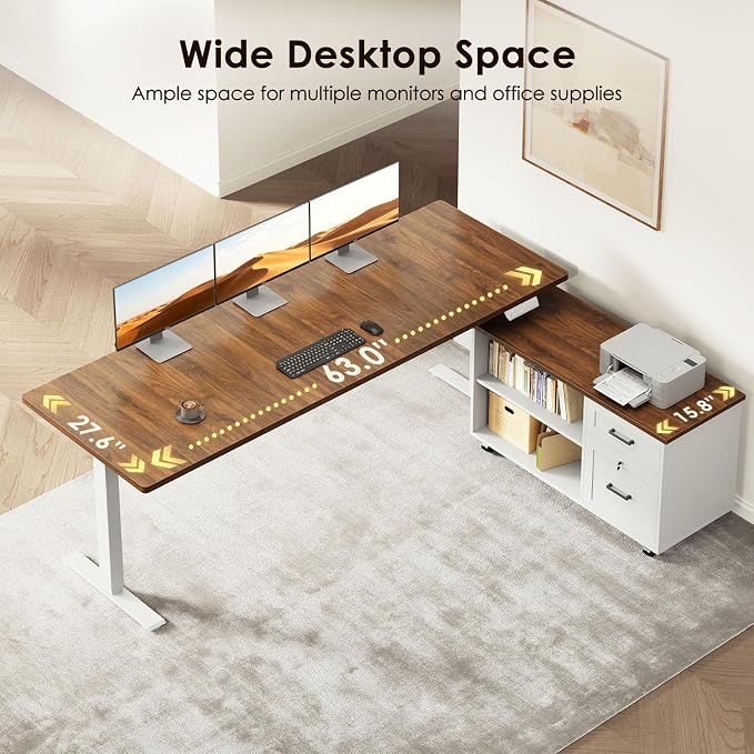 OffiGo 63" L Shaped Electric Standing Desk with File Cabinet, Walnut/White | Mobile Drawers & File Cabinet for Flexible Layout, Height Adjustable Executive Stand Up Desk for Home Office Workstation